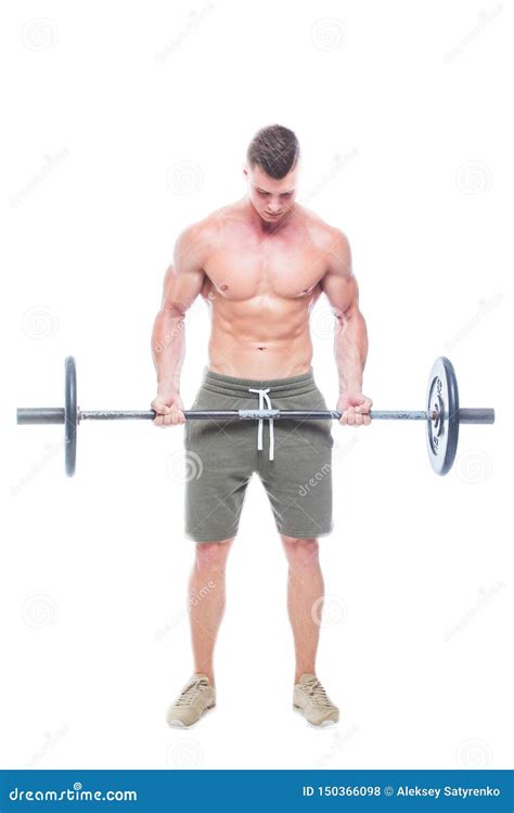 Muscular Man Working Out In Studio Doing Exercises With Barbell At Biceps Strong Male Naked