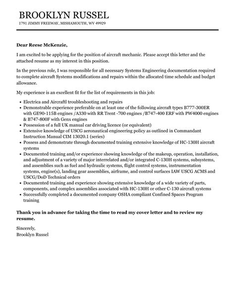 Aircraft Mechanic Cover Letter Velvet Jobs