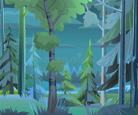 Dark Forest Cartoon Illustration Vector Moonlight Illuminates The