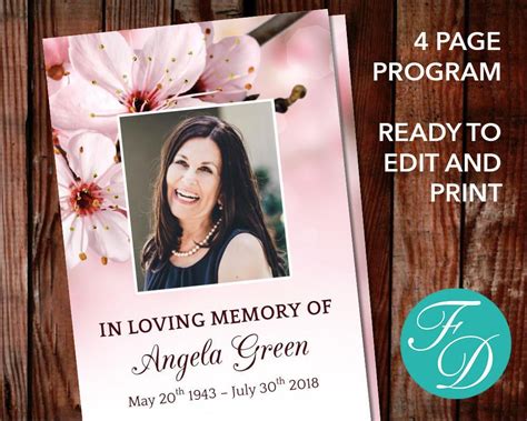 Pink Funeral Program Template Pink Flowers Funeral Template Etsy Uk