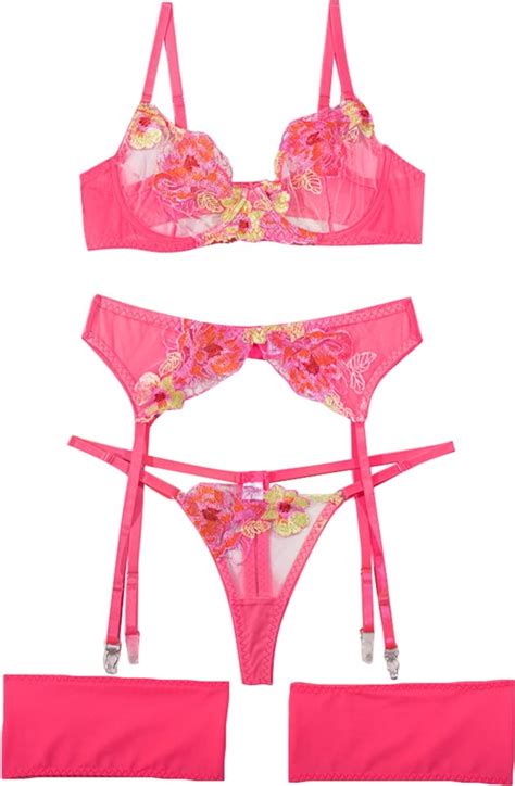 Aranmei Lingerie Set For Women 4 Piece Lingerie Set With Floral Embroidered Lace Sheer Underwire
