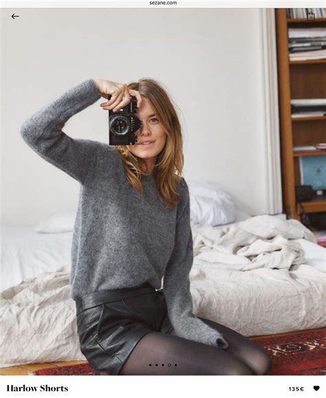Sezane Black Leather Shorts Tights And Grey Sweater Pantyhose