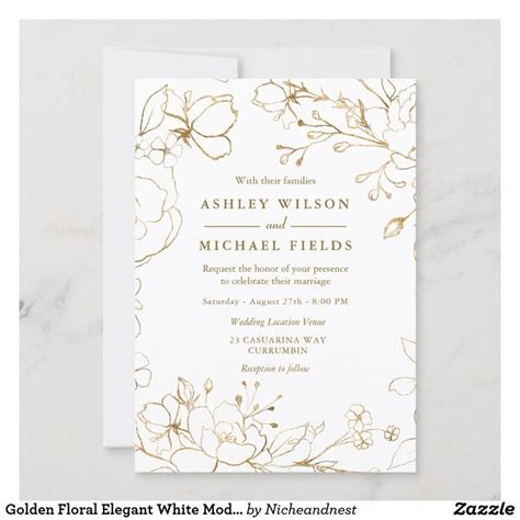Golden Floral Elegant White Modern Wedding Invitation Zazzle Classy