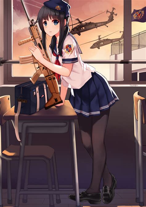 Wallpaper Gun Anime Girls Hat Weapon Cartoon Black