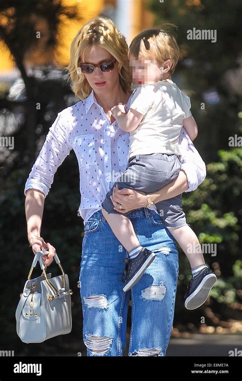 January Jones Takes Son Xander To Lunch At Houstons Restaurant Before Grocery Shopping In