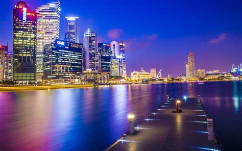 Singapore Asia City Night Dock Skyscrapers Lights Wallpaper