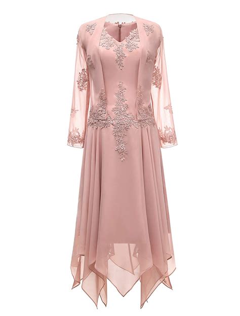 Tutuvivi V Neck Chiffon Tea Length Mother Of The Bride Dress Long