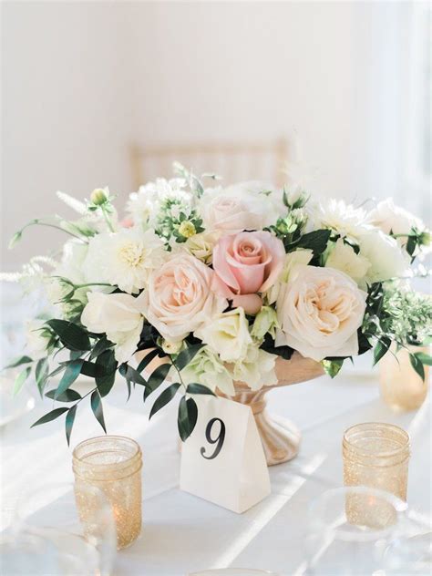 Blush And Gold Romantic Wedding Centerpiece Low And Lush Roses