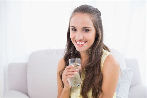 Smiling Young Brunette Holding Glass Of Water Stock Image Image Of