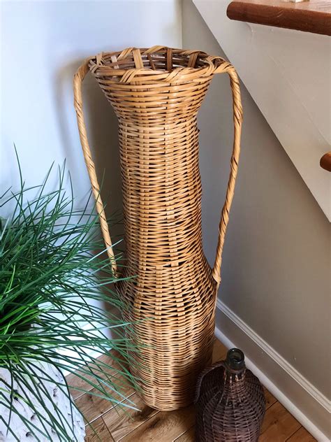 Tall Wicker Floor Vase Vintage Woven Wicker Floor Vase Etsy