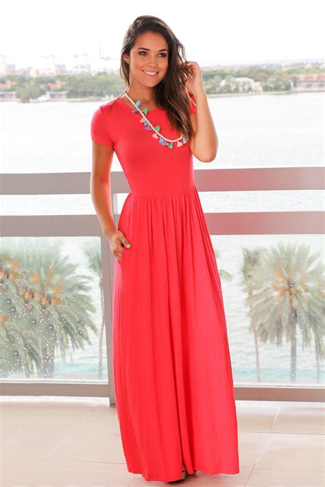 Coral Short Sleeve Maxi Dress With Pockets Maxi Dresses Saved By