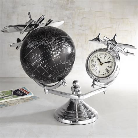 Globe And Airplane Desk Clock Silver Clock Desk Clock Airplane Clock