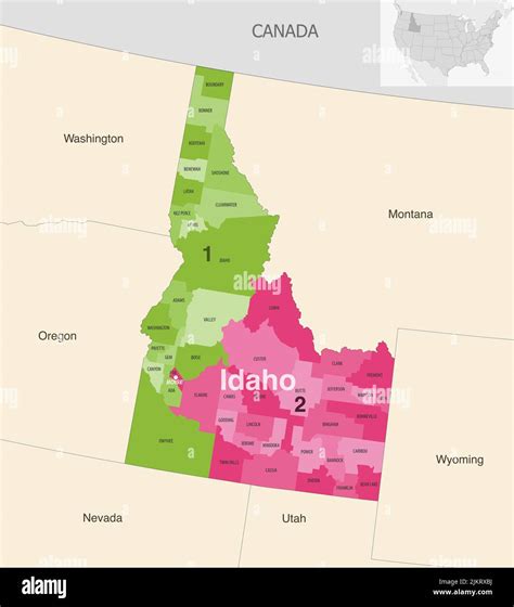 Idaho State Counties Colored By Congressional Districts Vector Map With