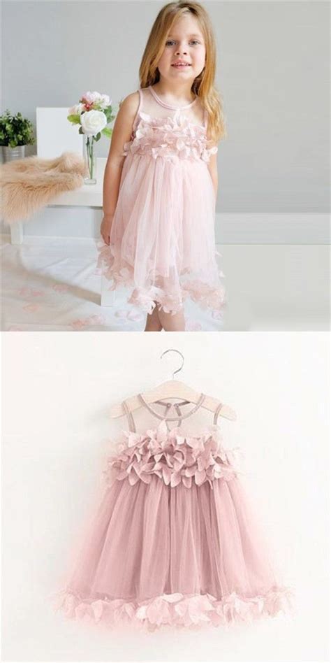 Cute Round Neck Pink Tulle Cheap Flower Girl Dresses With Appliques