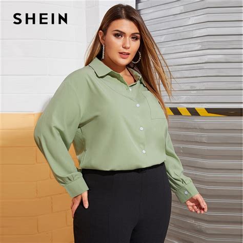 Shein Plus Size Green Pocket Front Solid Shirt Blouse Women Spring