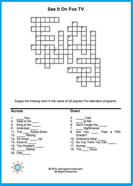 Tv Crossword Puzzles Fox Tv Shows Crossword Puzzles Kids Crossword