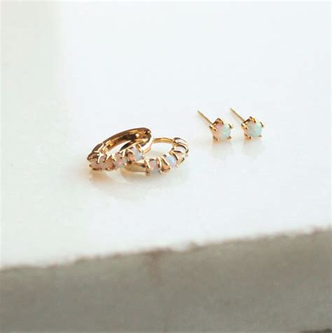 Tiny Opal Hoops Stud Earrings Set Of 2 Tiny Opal Earrings Etsy