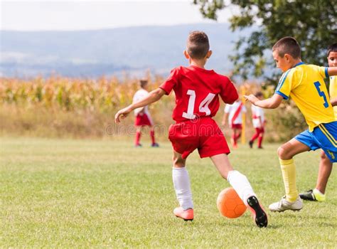 Kids Soccer Football Children Players Match On Soccer Field Editorial