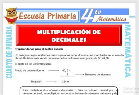 Multiplicación De Números Decimales Para Cuarto De Primaria Escuela