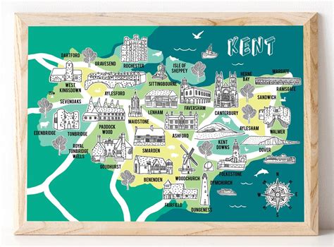 Kent Map Illustrated Map Kent Ts Map Of Kent Kent Art Etsy Uk