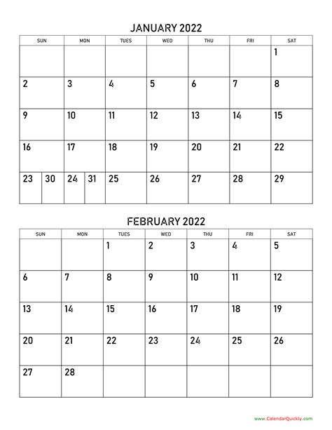 January And February 2022 Calendar Calendar Quickly