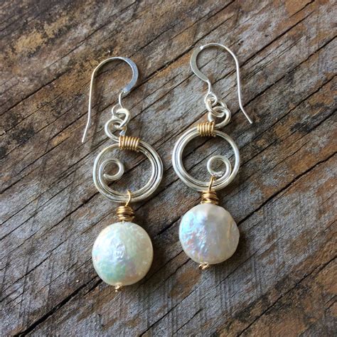 Boho Dangle Earrings Pearls Silver And Gold Wire Wrap Two Etsy