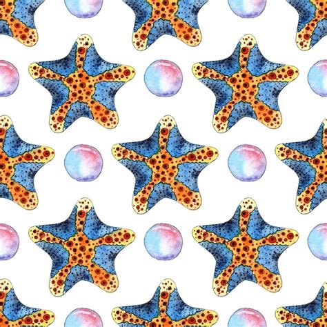 Premium Photo Watercolor Painting Pattern Blue Starfish And Bubbles