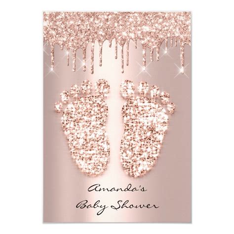 Spark Glitter Drips Rose Gold Baby Shower Feet Invitation