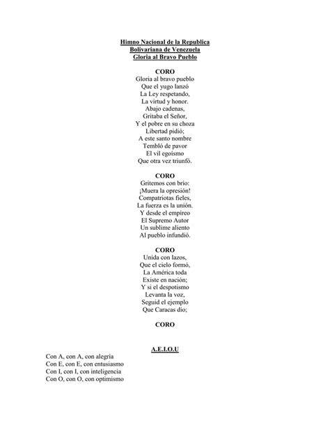 Himno Nacional De La Republica Bolivariana De Venezuela Gloria Al