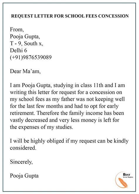 request letter  school fees concession  letter template