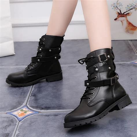 women autumn winter black ankle boots round toe lace up med square heel casual solid buckle