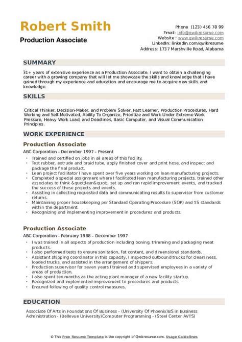 Recent graduate with a masters of business administration (mba) seeking an opportunity within an established management organization to utilize my. Production Associate Resume Samples | QwikResume
