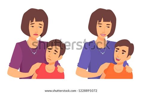 mother hugs her son by shoulders stock vector royalty free 1228891072 shutterstock