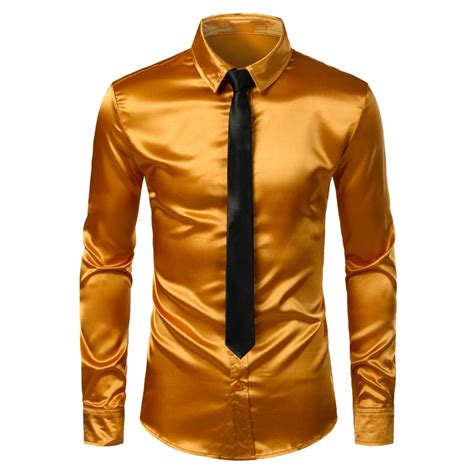 Mens Gold Silk Satin 2 Pcs Dress Shirts Shirttie Slim Fit Button