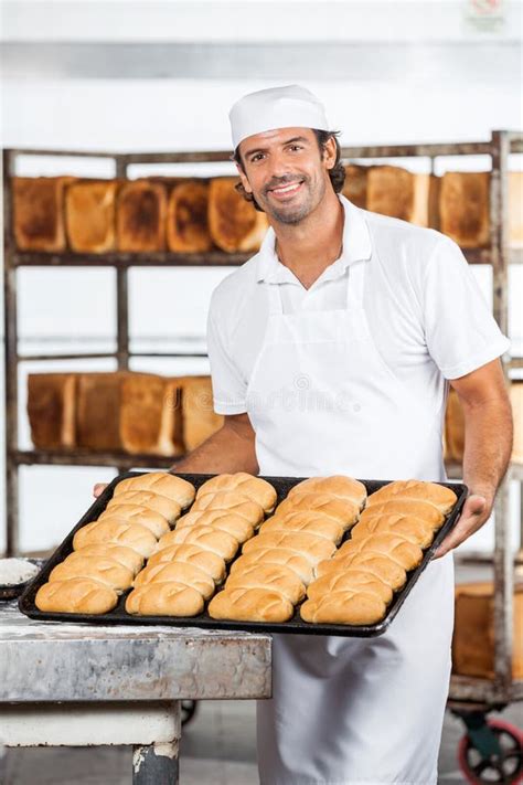 Smiling Baker Showing Breads In Baking Tray Stock Image Image Of French Gourmet 67628773