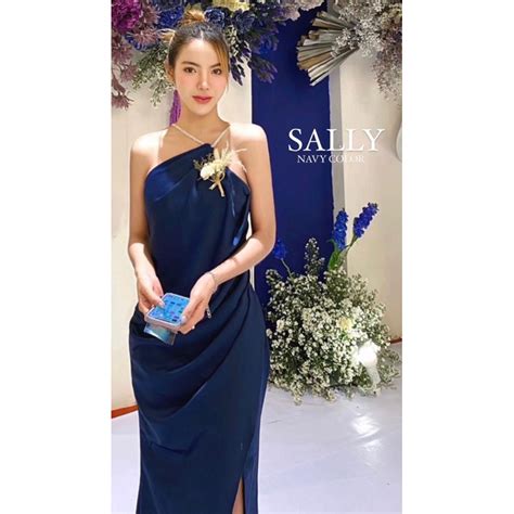Jual Sally Dress In Navy Color By Louvre Gaun Longdress Premium Satin