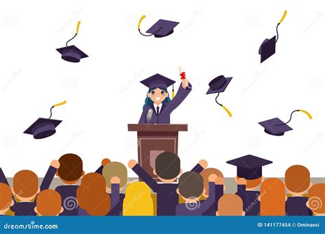 Students Celebrate Rejoice Flying Graduation Hats Tribune Speech Crowd