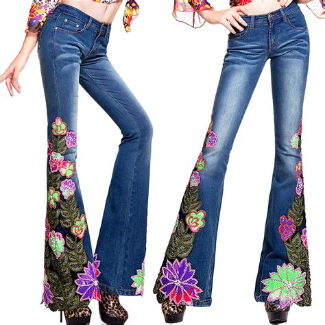 Autumn Winter Womens Fashion Embroidered Flower Beads Bell Bottom