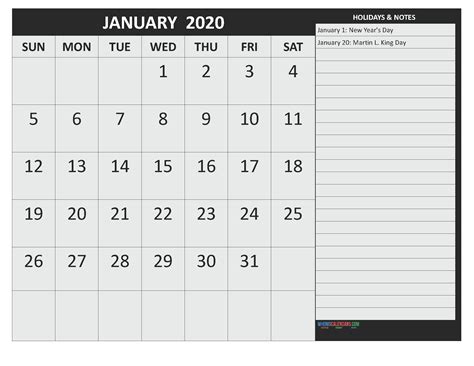 Free January 2020 Monthly Calendar Template Word