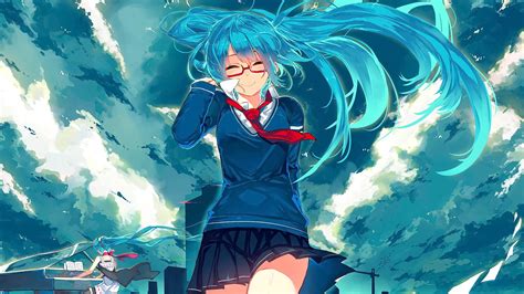Wallpaper Illustration Long Hair Anime Girls Glasses Sky Clouds