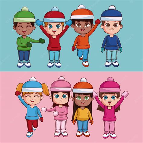 Premium Vector Happy Kids With Winter Clothes Cute Cartoon