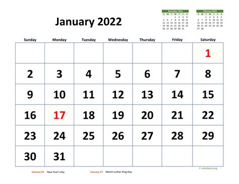 January 2022 Calendar With Extra Large Dates