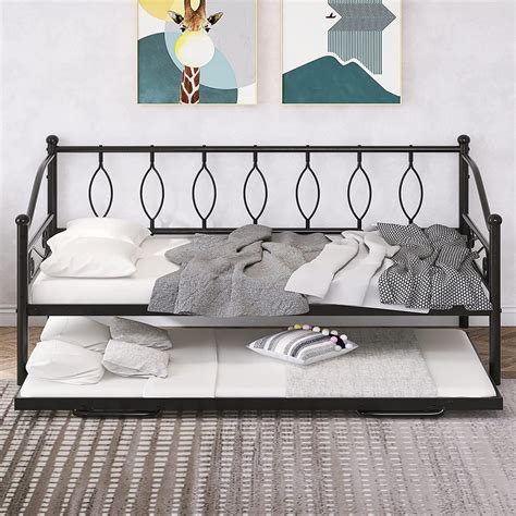 Amazon Com Winwee Twin Size Metal Daybed With Adjustable Trundle Twin Size Frame Heavy Duty