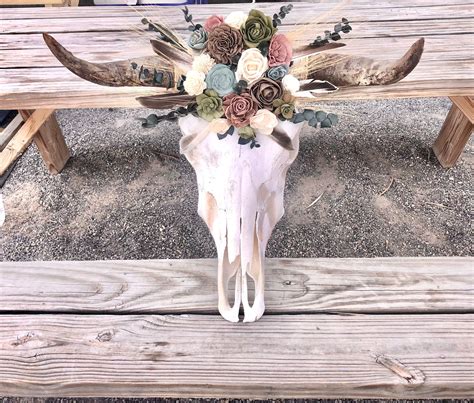 Real Steer Skull With Wood Flowers Real Longhorn Cow Head Skull