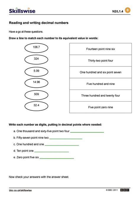 Reading And Writing Decimal Numbers Through Hundredths Worksheets