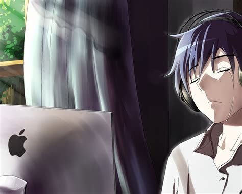 1280x1024 Anime Boy Crying In Front Of Apple Laptop