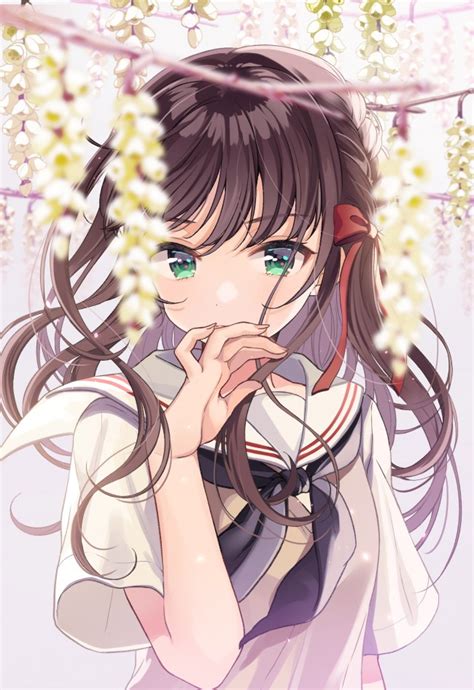 Wallpaper Anime Girl Flowers Brown Hair School Uniform