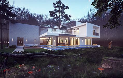Modern house forest scene render Vray on Behance