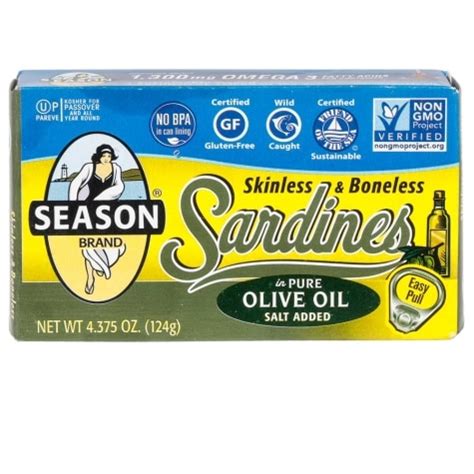 Sardines (fish), sunflower oil, salt. Season Brand Skinless and Boneless Sardines in Pure Olive ...