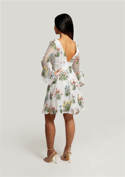 Tabatha White Netted Dress With Floral Embroidery Vanity Couture Boutique